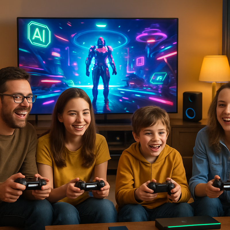 Gezin speelt videogames met AI-personalisatie en moderne gamingtechnologie thuis