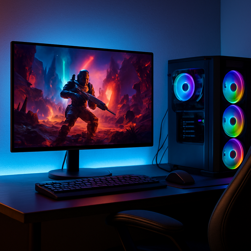 Gaming setup met een 27-inch 2K gaming monitor en sfeerverlichting