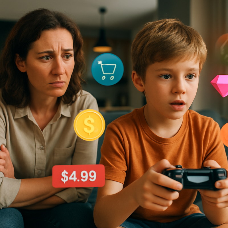 Ouder die kind observeert tijdens videogame met in-game aankoop iconen zichtbaar