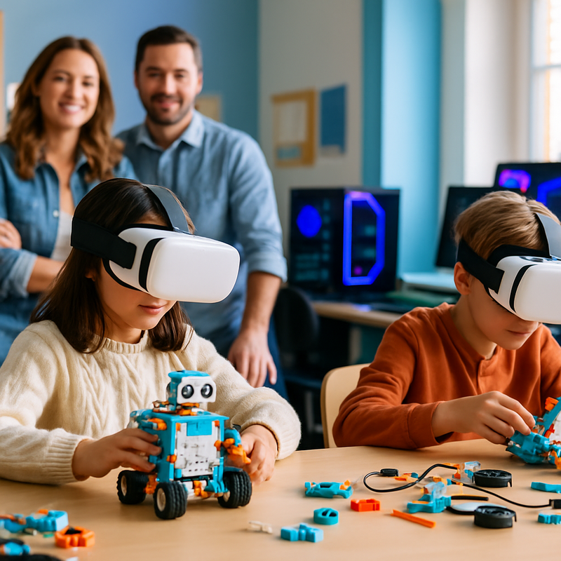 Kinderen gebruiken VR-headsets en robotica-sets in een klaslokaal met gaming-pc's op de achtergrond.