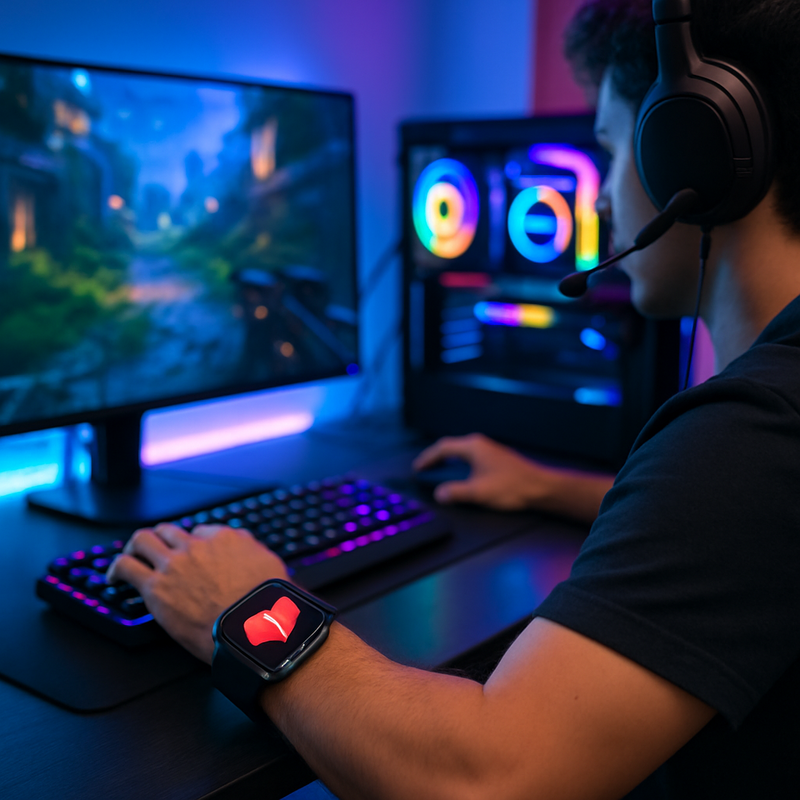 Gamer draagt een Apple Watch die hartritmestoornissen meet tijdens het gamen