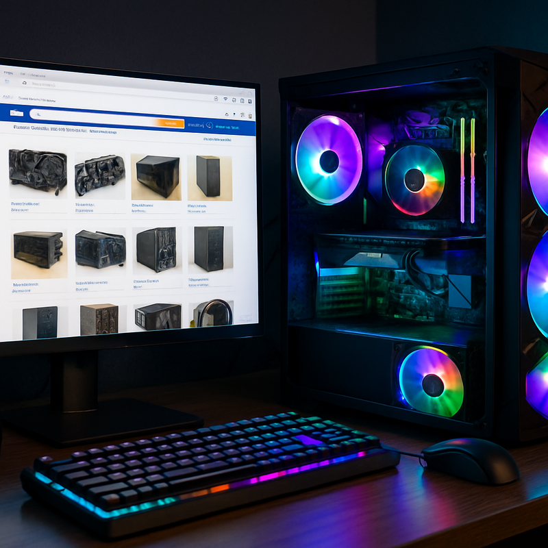 Gaming computer met kleurrijke RGB-verlichting en een tweedehands marketplace op het scherm.