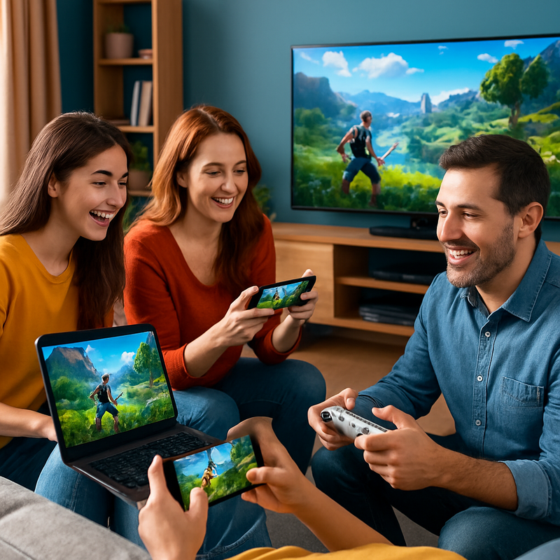 Familie gamet samen via cloudgaming op laptop, smartphone en smart TV