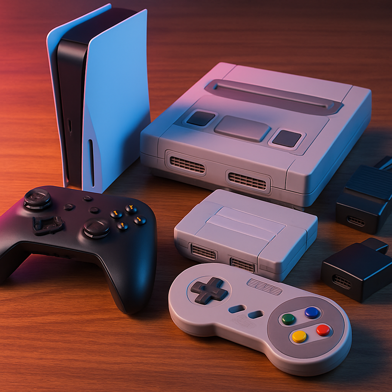 moderne en retro gaming consoles met controllers en adapters op een bureau