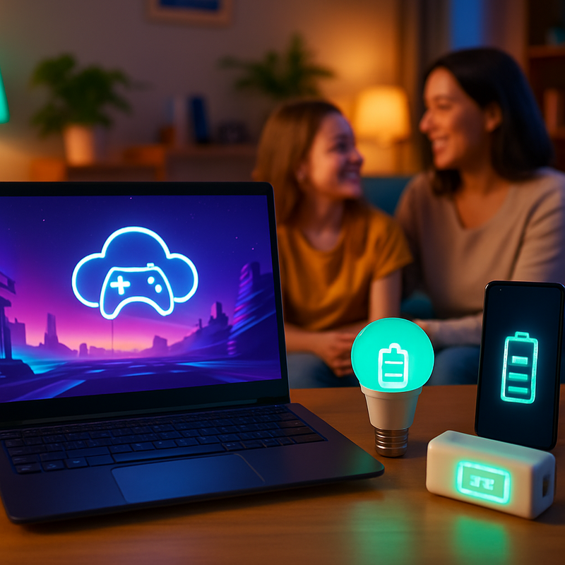 Gaming setup met laptop en smartphone voor cloud gaming en energiezuinige gadgets