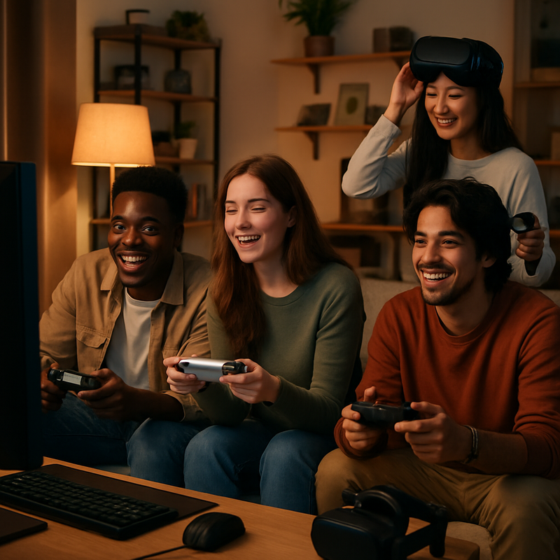 Groep gamers speelt samen offline met gaming PC en handheld consoles in gezellige woonkamer