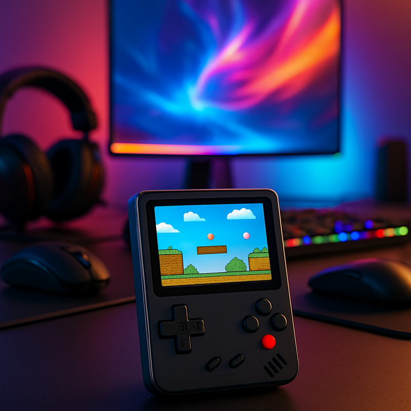 Retro handheld gaming device met helder scherm en moderne gamingaccessoires op een bureau