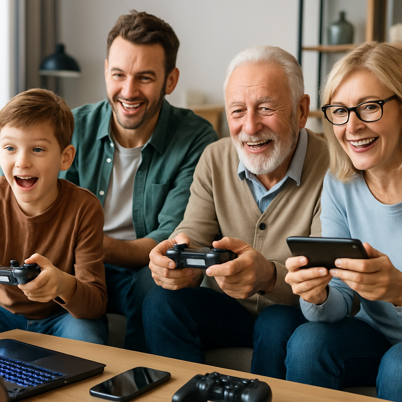 Multi-generational family playing video games together with gaming laptops, smartphones and consoles