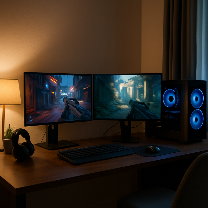 Moderne gaming setup met high-end pc en dual monitors in een Nederlandse woonkamer