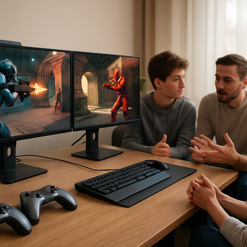 Een moderne gaming setup met PC en controllers waarin gamers financiële keuzes maken