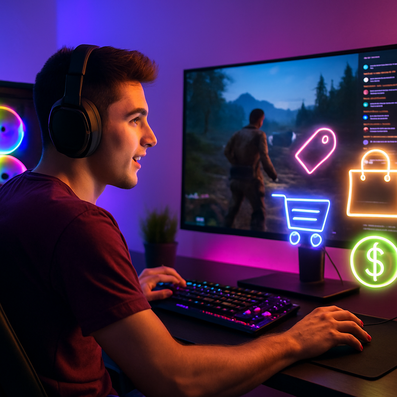 Jonge gamer streamt live met digitale shopping icons en interactieve chat.