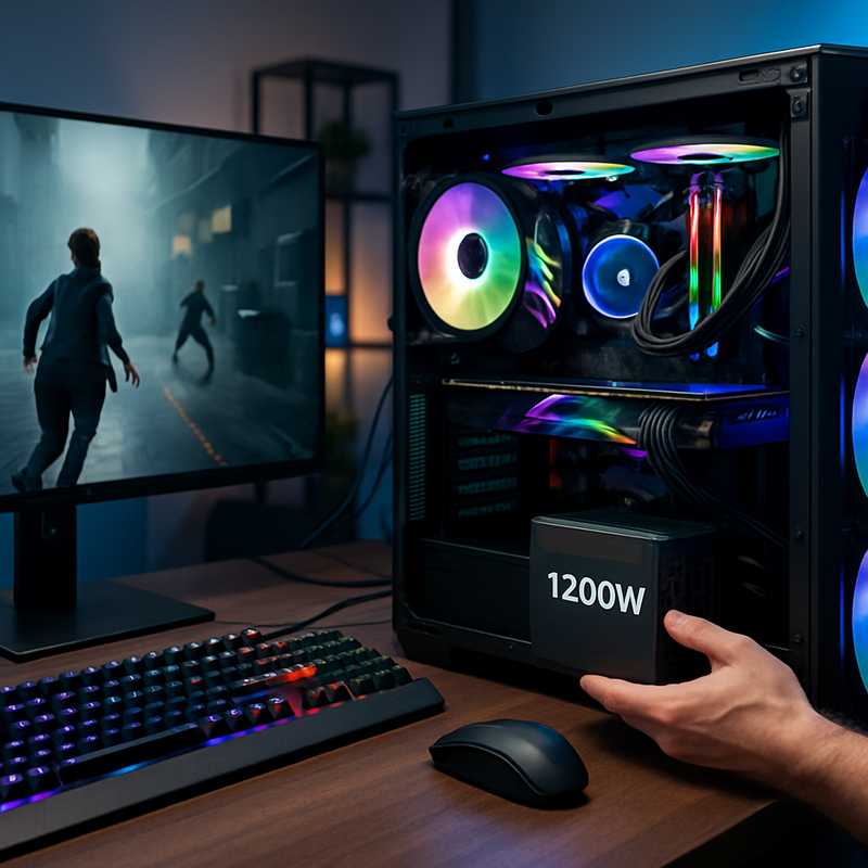 High-end gaming PC met RGB-verlichting, QD-OLED monitor en 1200W modulaire voeding in streamingkamer