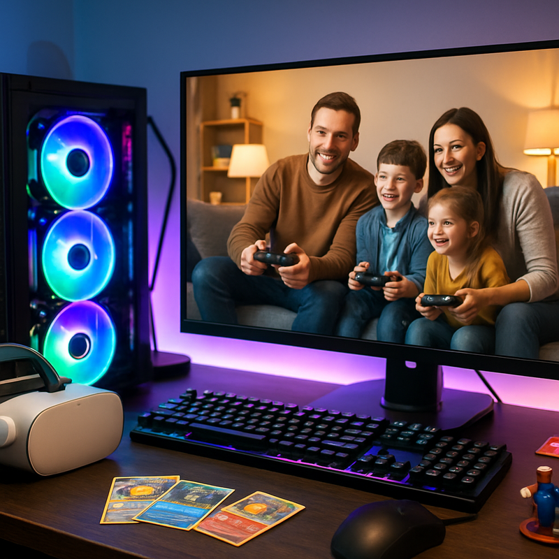 Gaming setup met high-end pc, Nintendo gadgets en een familie die samen speelt