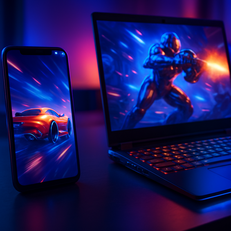 Smartphone en gaming laptop op bureau met gamingverlichting ter illustratie van mobiele gamegroei