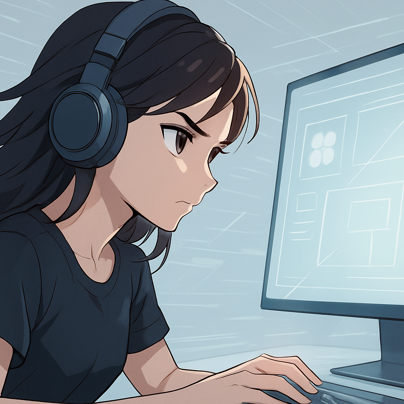 Een anime-stijl illustratie van een vrouwelijke ontwerper, die met geconcentreerde blik werkt aan een digitaal design op haar monitor, met subtiele visuele effecten die snelheid en efficiëntie weergeven.