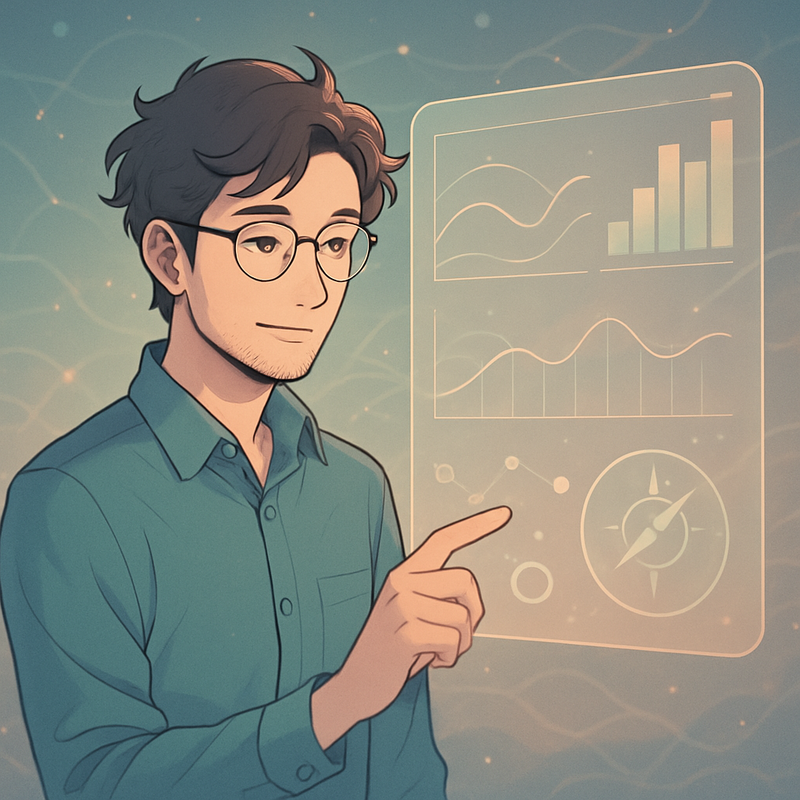 Een anime-stijl illustratie van een man die geconcentreerd naar een transparant digitaal dashboard kijkt, met daarop grafieken en een digitaal kompas die de weg wijzen in een abstracte digitale omgeving.