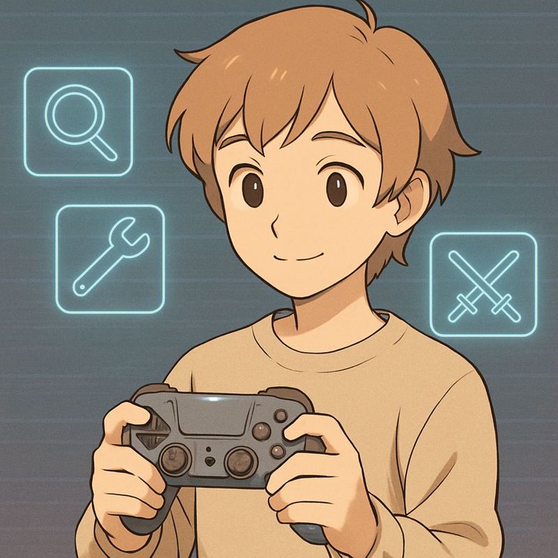 Een anime-stijl illustratie van een persoon die met een moderne controller een virtueel scherm bedient. Op het scherm zweven abstracte, gloeiende iconen die verschillende SEO-tools voorstellen, zoals een vergrootglas voor onderzoek, een moersleutel voor techniek en gekruiste zwaarden voor concurrentieanalyse. De achtergrond toont subtiele digitale elementen, wat de strategische en technische aard van online marketing symboliseert.