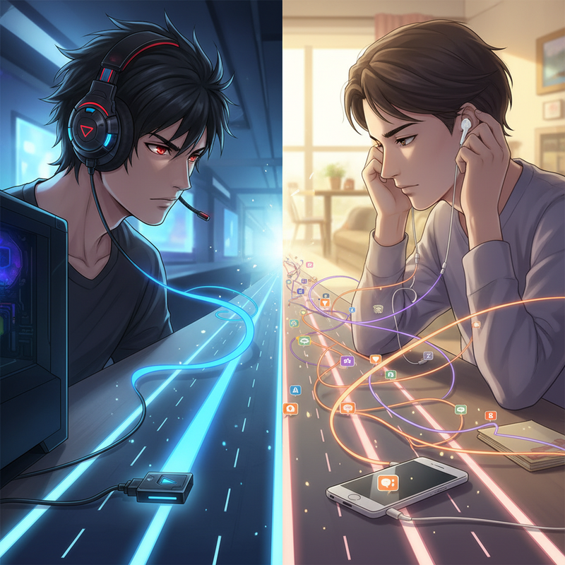 Een anime-illustratie die het verschil toont tussen 2.4 GHz en Bluetooth draadloze audio. Een snelle, directe lijn symboliseert 2.4 GHz van een dongle naar een gaming headset. Een langzamere, complexere lijn met meer interferentie symboliseert Bluetooth naar een algemene draadloze oortelefoon.