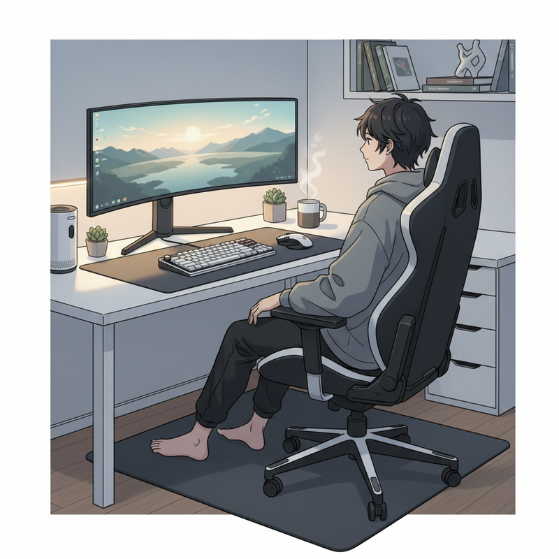 Een anime-stijl illustratie van een persoon die comfortabel zit in een gaming stoel met een ergonomische houding, de voeten plat op de grond, de rug recht. Ze gamen aan een schoon bureau met een monitor op ooghoogte en goed geplaatste muis en toetsenbord. De sfeer is rustig en gefocust.