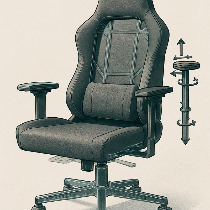 Een anime-stijl illustratie van een technisch geavanceerde gaming stoel, met doorschijnende elementen die een stalen frame en Klasse 4 gaslift tonen, naast een platte zitting, lendensteun en 4D-verstelbare armleuningen. De achtergrond is eenvoudig.