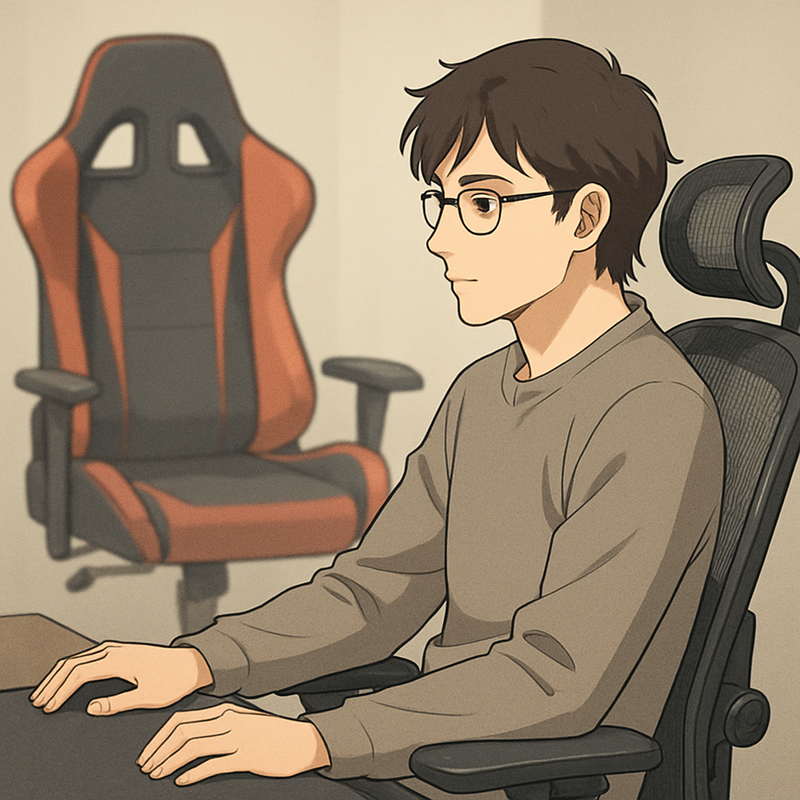 Een jonge gamer zit comfortabel in een slanke, ergonomische bureaustoel met een ademende mesh rugleuning. Op de achtergrond staat, vaag en ongemakkelijk, een felrode 'racing' gaming stoel met overdreven zijvleugels, wat de boodschap van comfort boven esthetiek benadrukt.