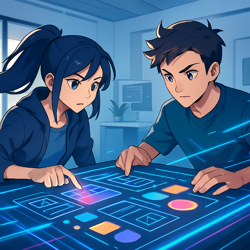 Anime-stijl afbeelding van een mannelijke en vrouwelijke designer die intensief samenwerken op een futuristisch, transparant, gloeiend designinterface. De interface toont dynamische UI/UX-elementen en componenten. De achtergrond is minimalistisch en high-tech.