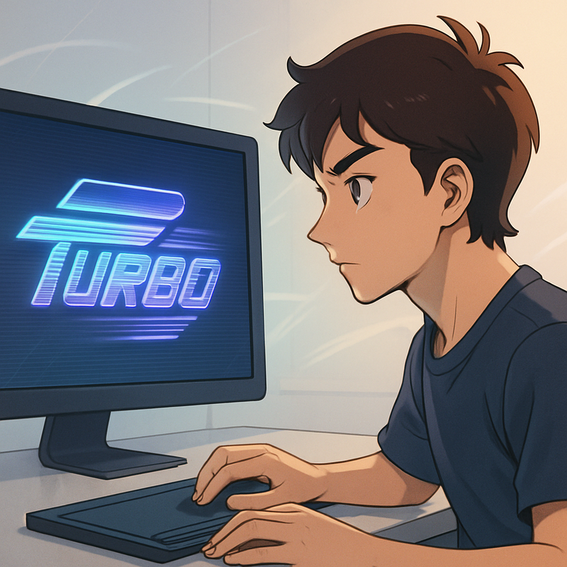 Een anime-stijl afbeelding van een ontwerper die een dynamisch, retro-futuristisch logo maakt op een computer. Het scherm toont het logo met subtiele scanlines en effecten, terwijl de achtergrond minimalistische lichtlijnen bevat die snelheid uitstralen.