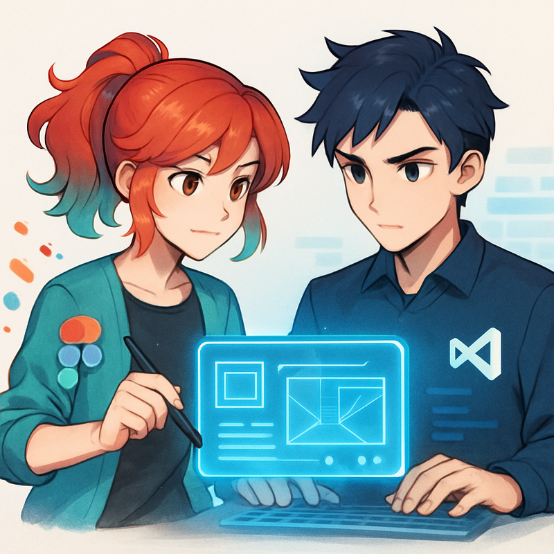 Een anime-illustratie van een creatieve designer (gesymboliseerd door Figma) en een gestructureerde developer (gesymboliseerd door Visual Studio) die zij aan zij samenwerken aan een digitaal project, met een gedeelde interface tussen hen, wat de synergie tussen design en development tools benadrukt.