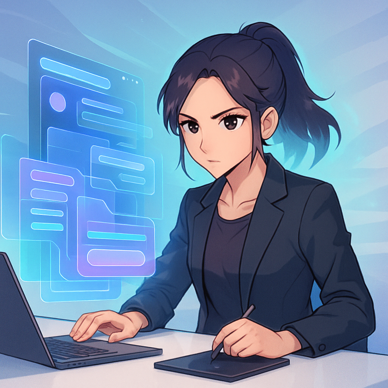 Een anime-stijl afbeelding van een geconcentreerde freelance designer aan een minimalistisch bureau, kijkend naar een holografisch geprojecteerd, interactief UI-design. De scène straalt efficiëntie en moderne technologie uit, met levendige kleuren die het dynamische karakter van het design benadrukken.
