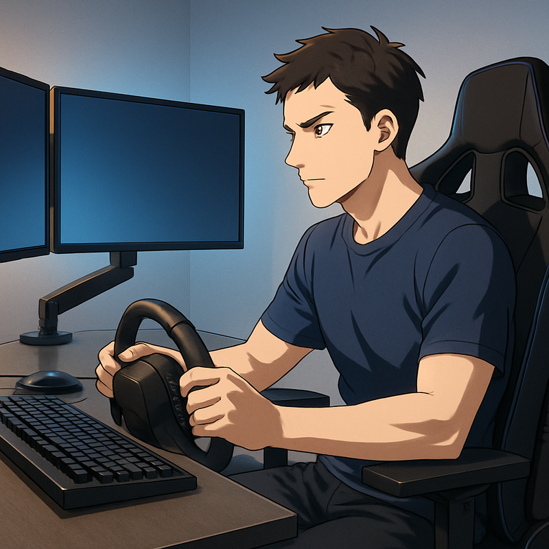 Een geanimeerde man zit in een ergonomische gamestoel aan een verstelbaar bureau met drie monitoren, klaar om te gamen. De setup is georganiseerd en gericht op prestatie.