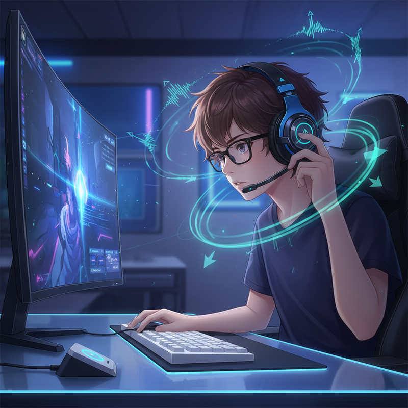 Anime-stijl afbeelding van een jonge gamer die geconcentreerd een draadloze gaming headset aanpast terwijl ze voor een computerscherm zit. Subtiele geluidsgolven symboliseren de audio-ervaring.