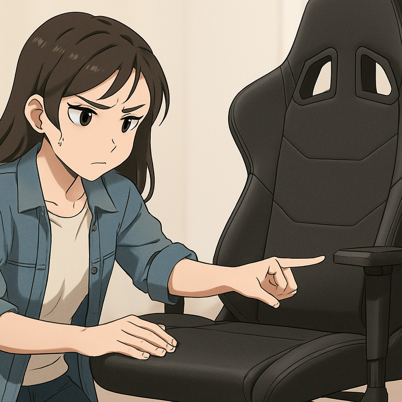 Een anime-stijl illustratie van een jonge vrouw die kritisch de zitting en het onderstel van een gaming stoel inspecteert, op zoek naar tekenen van kwaliteit en duurzaamheid.
