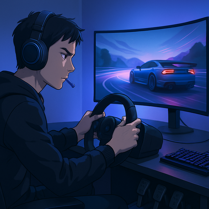 Een anime-illustratie van een gamer die diep geconcentreerd is tijdens het racen op een ultrawide monitor. De gamer draagt een headset en heeft beide handen aan een gedetailleerd force feedback stuur, terwijl load-cell pedalen onder het bureau zichtbaar zijn. De omgeving is modern en gefocust op de game-ervaring.
