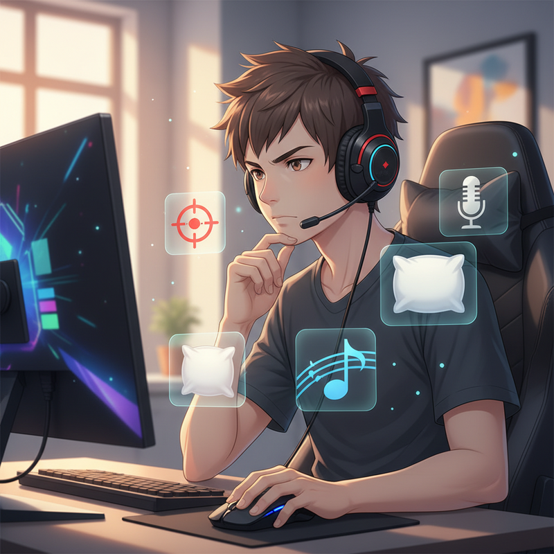 Een anime-stijl illustratie van een jonge gamer met een headset op, die nadenkend kijkt naar zwevende iconen die verschillende game-stijlen en headset-functies symboliseren, zoals een richtkruis voor FPS, een muzieknoot voor RPG, en een kussen voor comfort.