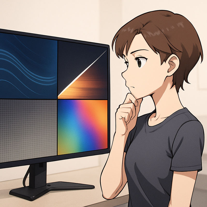 Een anime personage staat voor een gaming monitor. Het scherm toont abstracte symbolen voor refreshrate, reactietijd, resolutie en paneeltypes.