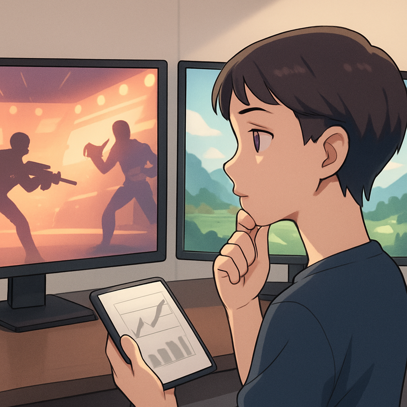 Een anime-personage kijkt nadenkend naar twee verschillende gaming monitoren. Eén monitor toont een e-sportsscène, de andere een landschap, wat de keuze tussen snelheid en beeldkwaliteit symboliseert.
