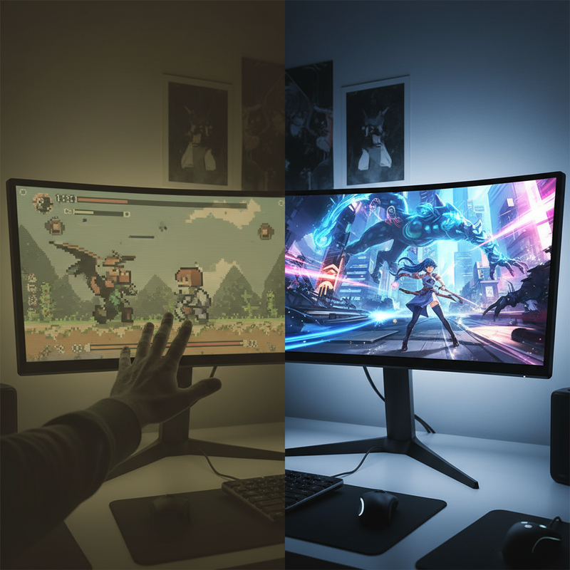 Een anime-stijl afbeelding die het contrast toont tussen een oude, pixelige gamewereld op een CRT-monitor aan de linkerkant, en een moderne, vloeiende 4K-gamewereld op een slanke monitor aan de rechterkant, met een hand die naar het moderne scherm reikt.