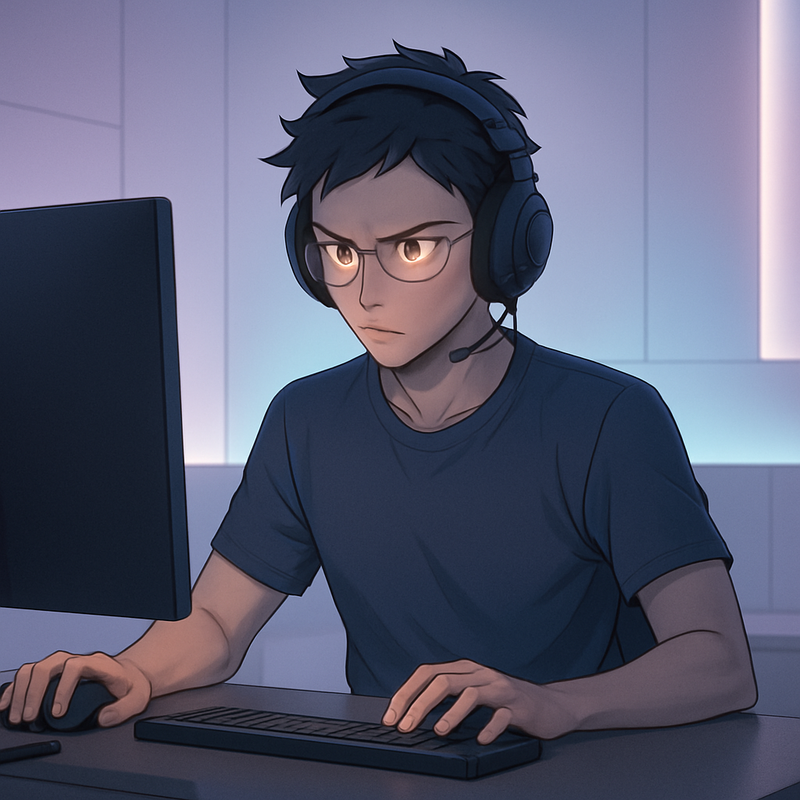 Een anime-stijl illustratie van een geconcentreerde gamer in een uniform verlichte kamer, die de impact van geoptimaliseerde verlichting op prestaties en focus uitbeeldt.