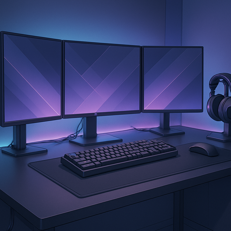 Een anime-stijl illustratie van een zeer geordende gaming desk. Kabels zijn netjes weggewerkt, subtiele RGB-verlichting gloeit achter monitors en onder het bureau. Een headset staat op een houder en het bureau is minimalistisch met een muis, toetsenbord en grote muismat.
