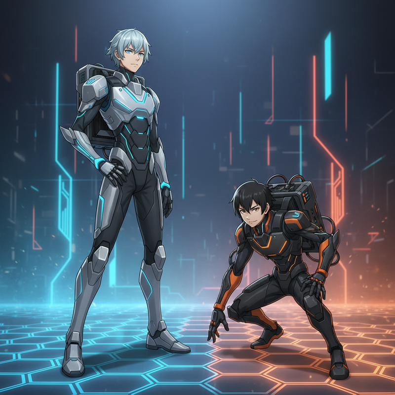 Een anime-stijl illustratie van twee gepersonifieerde grafische kaarten. Eén, de RTX 4070, is groter en straalt kracht uit met lichtgevende lijnen. De ander, de RTX 4060, is kleiner en ziet er behendig en vastberaden uit. Ze staan tegenover elkaar in een minimalistische, futuristische arena.