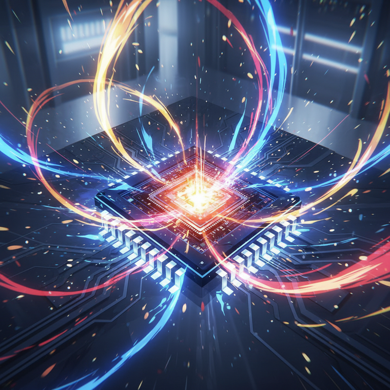 Een anime-stijl illustratie van een grafische processor, of GPU, die een helder, intens licht uitstraalt vanuit zijn kern. De chip heeft strakke, futuristische lijnen en abstracte energielijnen stromen eromheen, wat verhoogde prestaties en kracht symboliseert. De achtergrond is minimalistisch en technologisch.