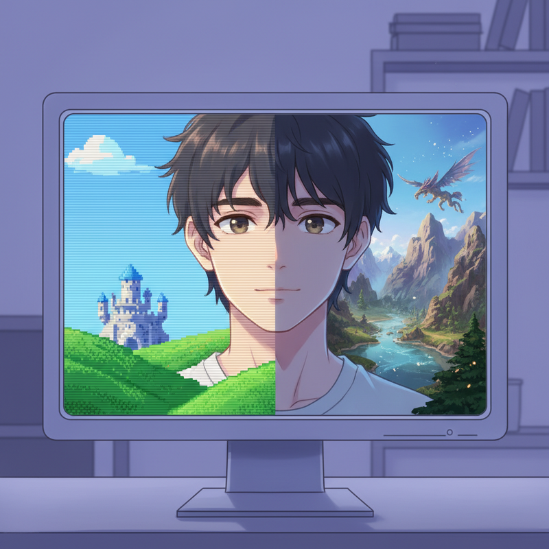 Een jongeman met een nostalgische blik kijkt naar een computerscherm dat een overgang toont. Links is een pixelated retro-game met scanlines te zien, rechts een gedetailleerde, moderne game-wereld.