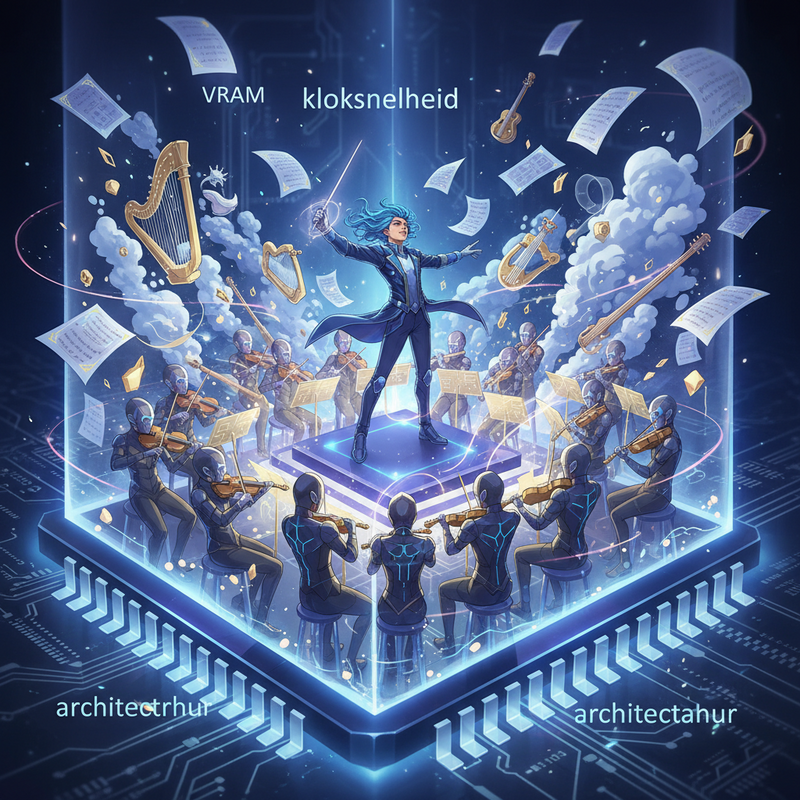 Een anime-illustratie van een orkest in een computerchip. Een dirigent (kloksnelheid) leidt, zwevende partituren en instrumenten (VRAM) omringen de muzikanten (architectuur) die in perfecte harmonie spelen.