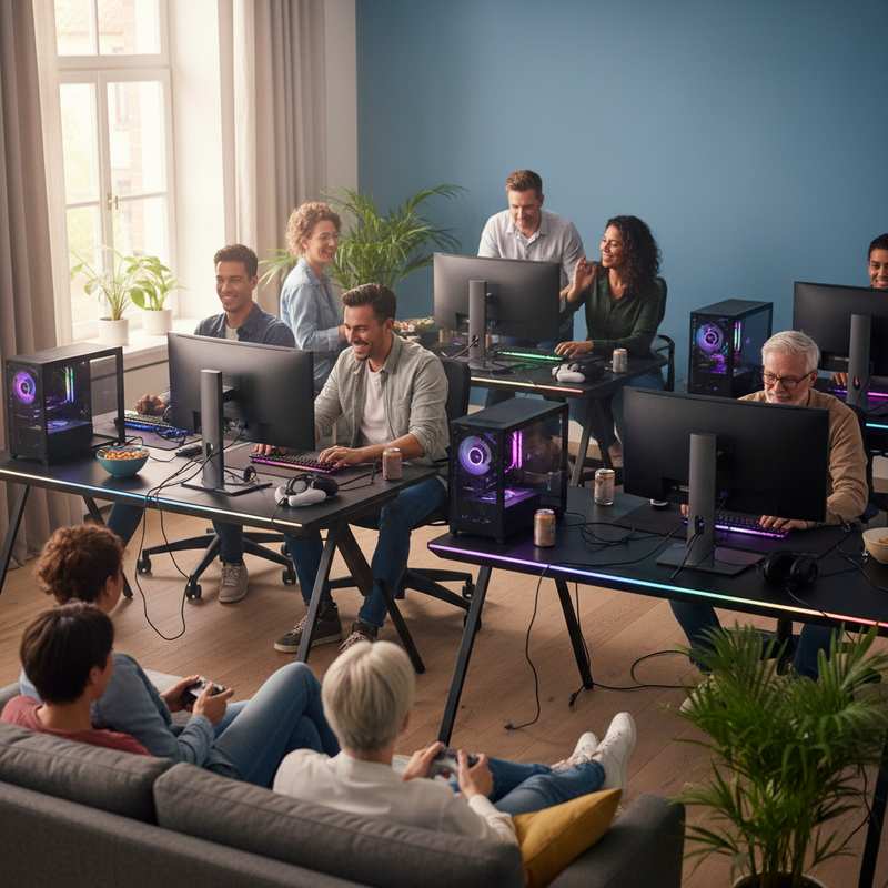Diverse groep Nederlandse gamers van verschillende leeftijden speelt samen op gaming-computers in moderne woonkamer