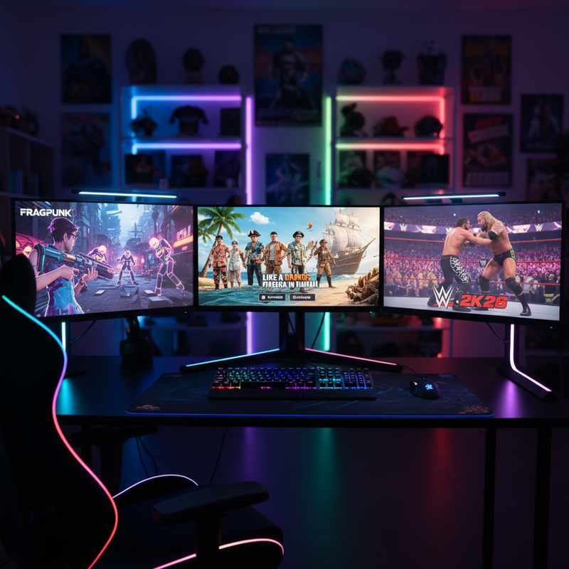Three gaming monitors showing FragPunk, Like a Dragon Pirate Yakuza, and WWE 2K26 on a professional RGB-lit gaming desk