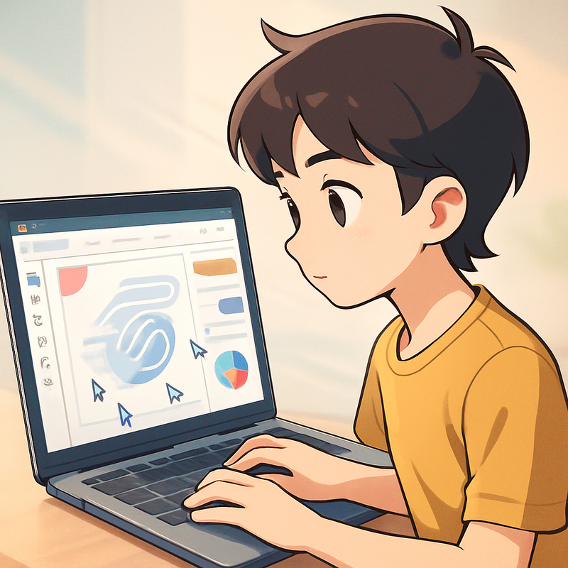 Anime-stijl afbeelding van een jonge ontwerper die geconcentreerd werkt op een laptop. Het scherm toont een strakke, collaboratieve designinterface met een subtiel 'turbo' logo. De achtergrond is minimalistisch, wat rust en focus uitstraalt.