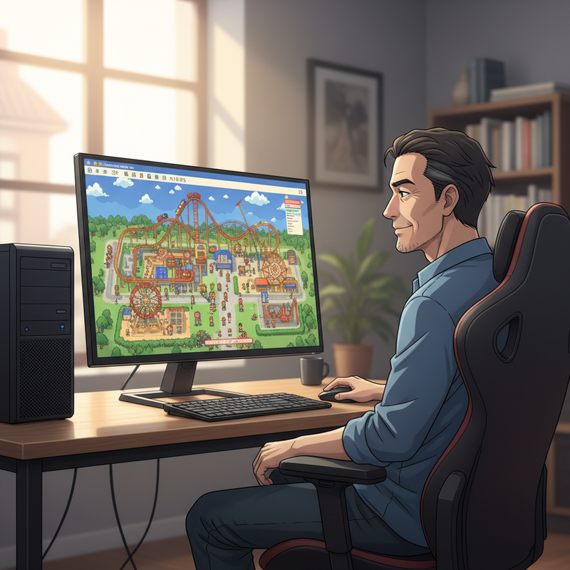 Een anime-stijl illustratie van een man die glimlachend naar een monitor kijkt waarop een levendige pixel-art game te zien is. De setting is rustig en nodigt uit tot ontspannen gamen.