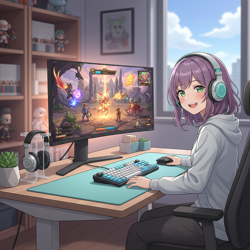 Een anime afbeelding van een schone, georganiseerde gaming desk met een lachende gamer, ergonomisch geplaatste randapparatuur en sfeervolle verlichting.