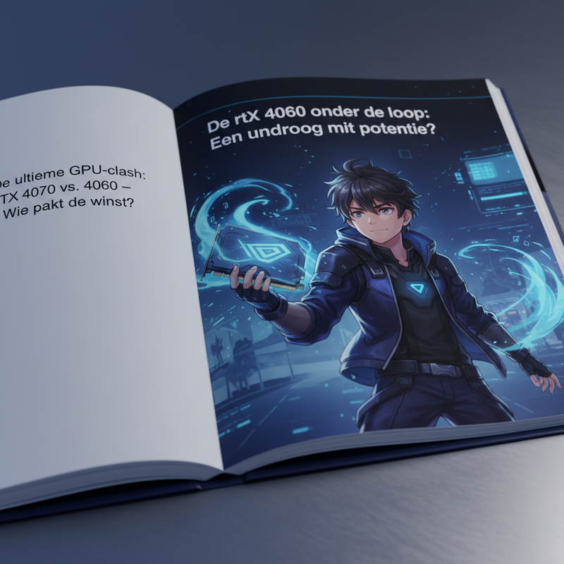 Een jonge anime-stijl gamer houdt een futuristische grafische kaart vast, omringd door lichteffecten die de prestatieboost van DLSS symboliseren.