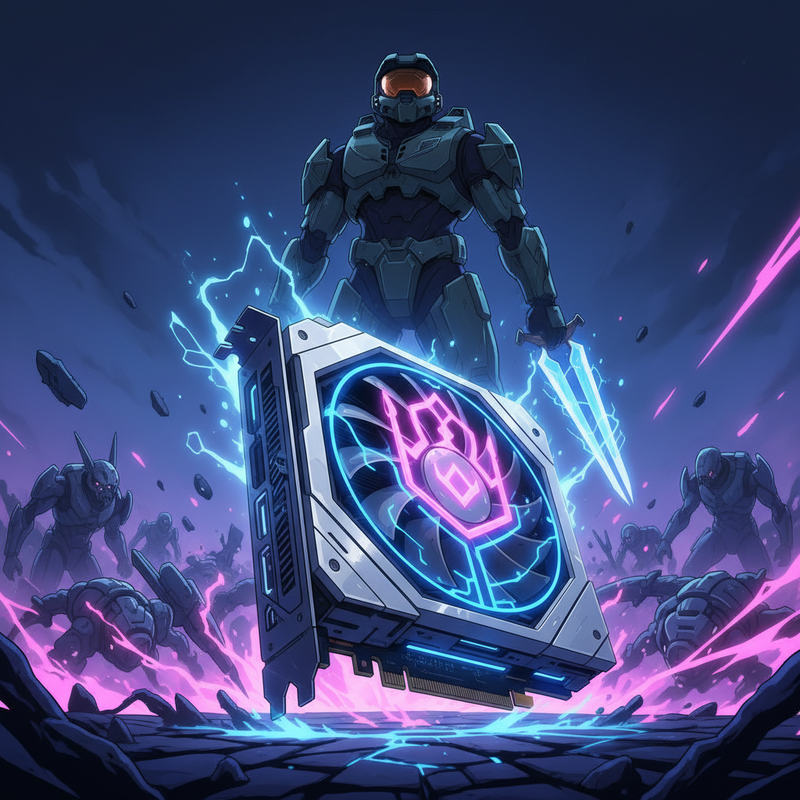 Een anime-afbeelding van een gloeiende RTX 4070 videokaart, omringd door een aura van energie. Op de achtergrond staat een silhouet van Master Chief met een energiezwaard, te midden van verslagen, futuristische vijanden.